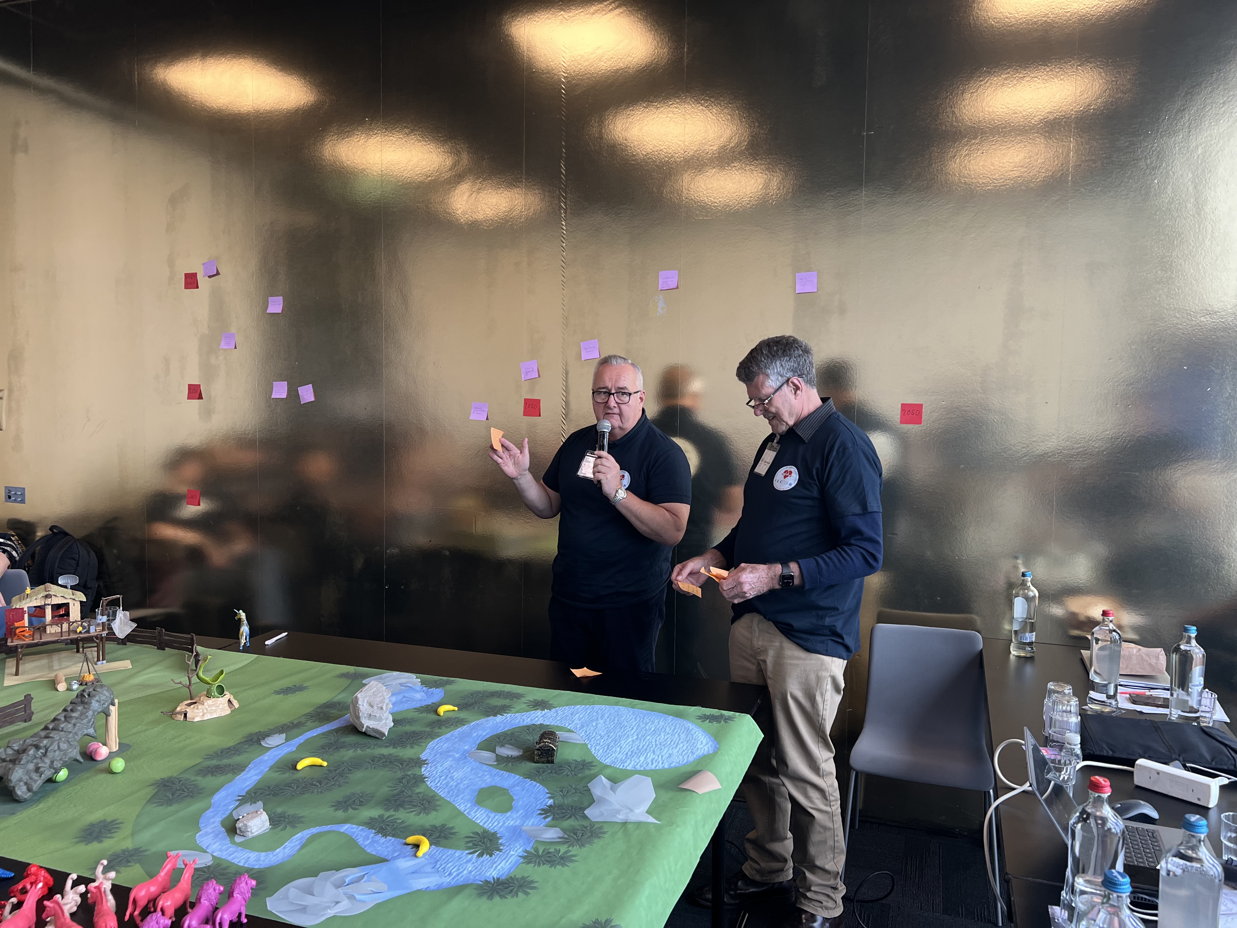 Stakeholder interviews and capability assessment with a team around a miniature landscape model and sticky notes